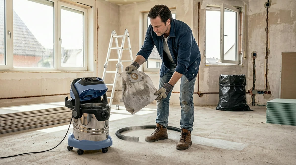 Contractor opening a wet/dry vac to a dust-caked, clogged pleated filter after a drywall job