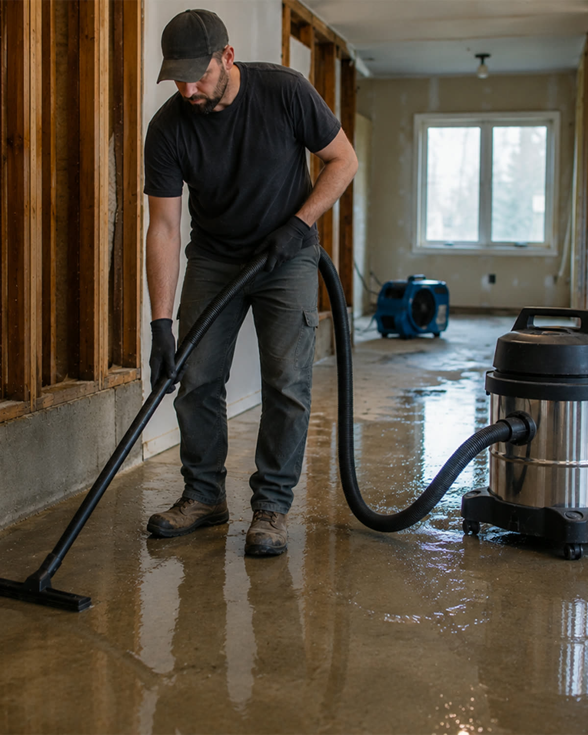 Reusable 2-chamber Muk Buddy shop vac bag held by a contractor on a jobsite