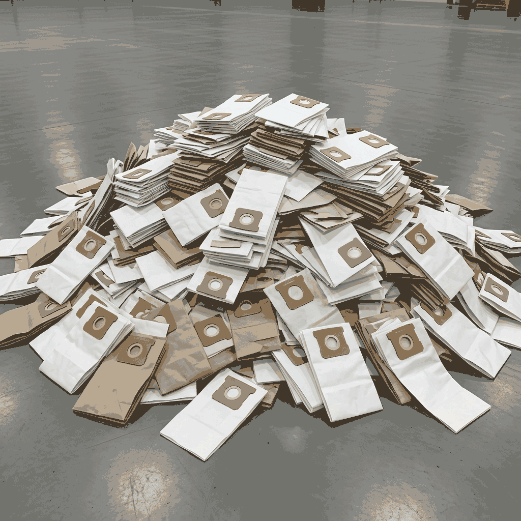 A mountain of hundreds of disposable wet/dry vac bags piled in a warehouse — the recurring waste of running disposable shop vac bags