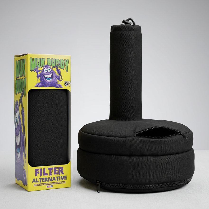 Muk Buddy reusable wet/dry vac bag with retail packaging — patent-pending 2-chamber filter alternative to disposable shop vac bags